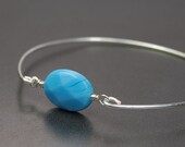 Sterling Silver Bangle Bracelet- Sky Blue Quartz Oval Gemstone Bead and Sterling Silver Filled Wire- Custom Made to Size