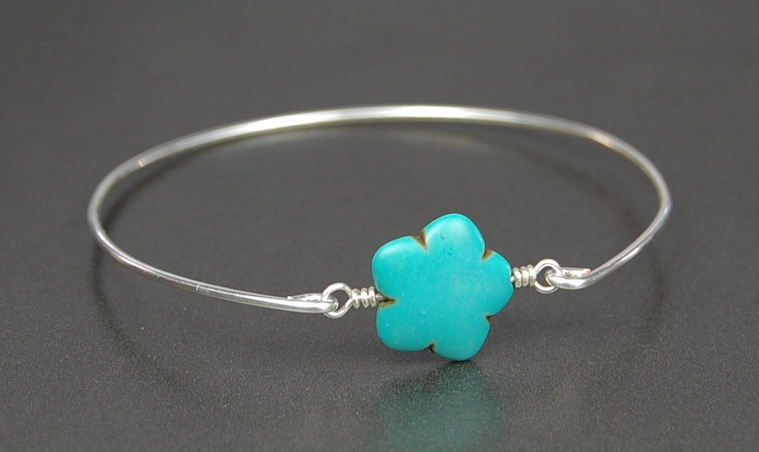 Bangle Bracelet- Carved Howlite Flower Gemstone Bead and Sterling Silver Filled Wire- Custom Made to Size