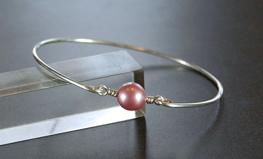 Bangle Bracelet- Rose Swarovski Pearl Bead and Sterling Silver Filled Wire- Custom Made to Size