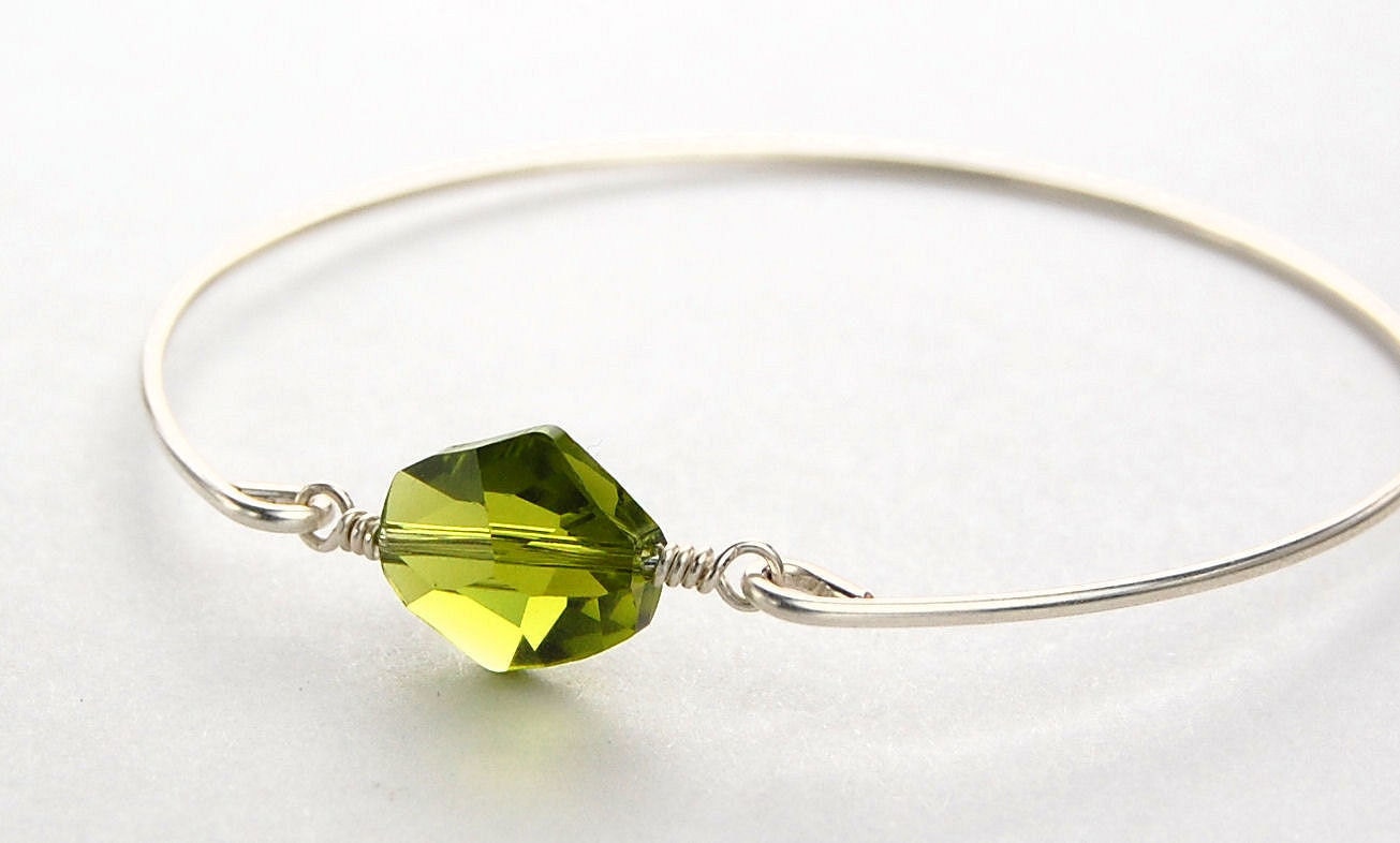 Silver Bangle Bracelet- Olivine Swarovski Crystal and Sterling Silver Filled Wire- Custom Made to Size