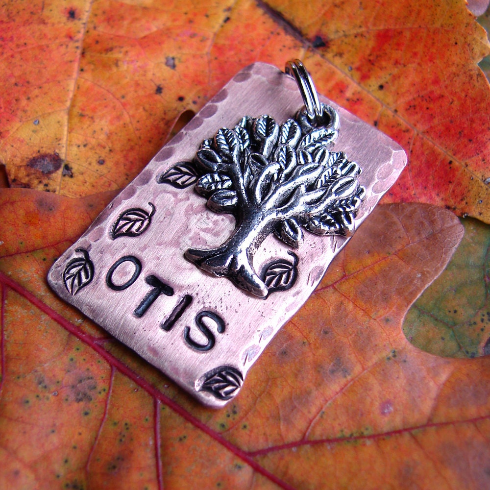 Dog Tag, Pet Tag, Dog ID Tag, Brass or Copper Dog Tag, Tree Charm Fall Leaves