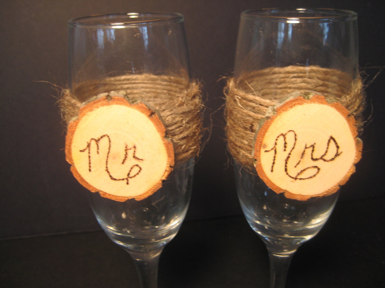 Rustic Wedding Bride and Groom Champagne Glasses Mr and Mrs
