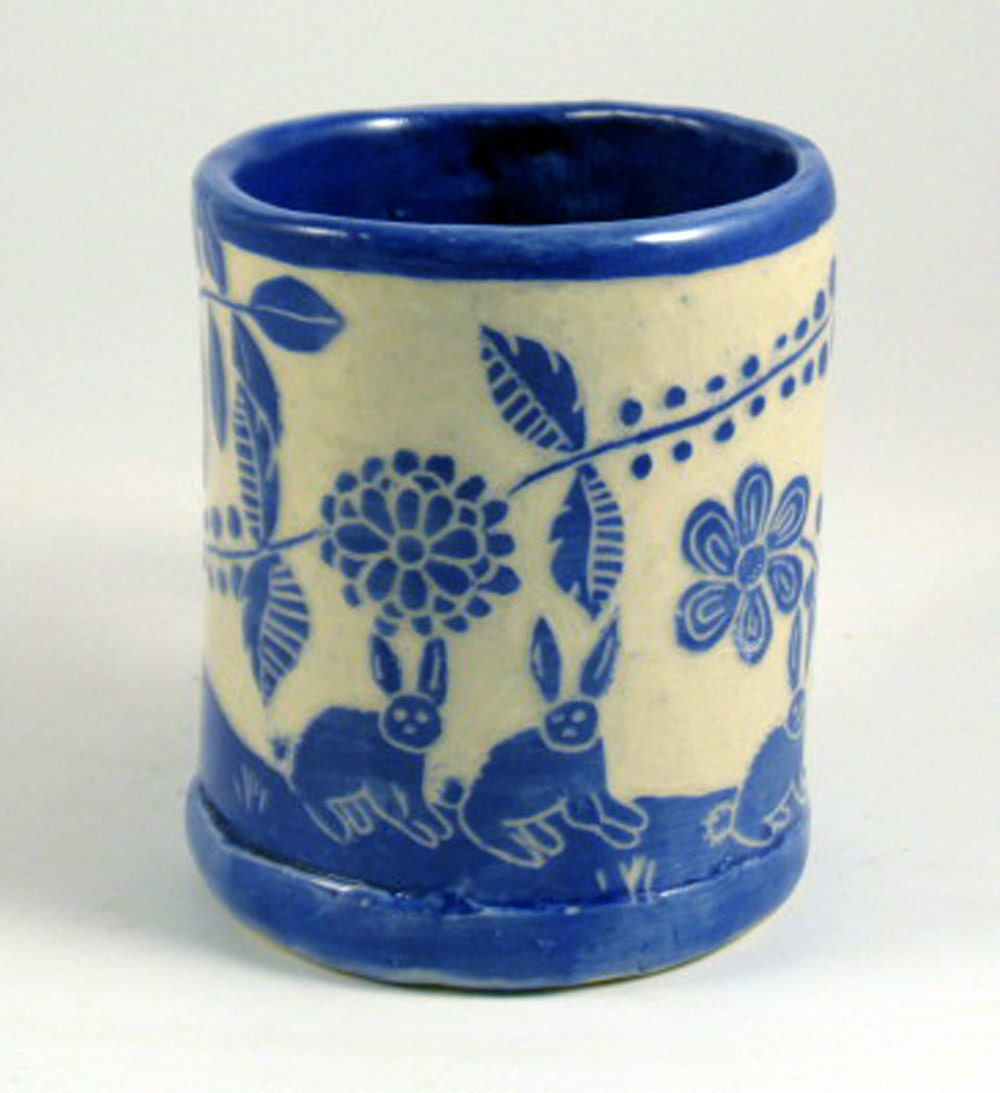 3 Bunnies on Stoneware Pottery Mug Sgraffito Carved Landscape Design