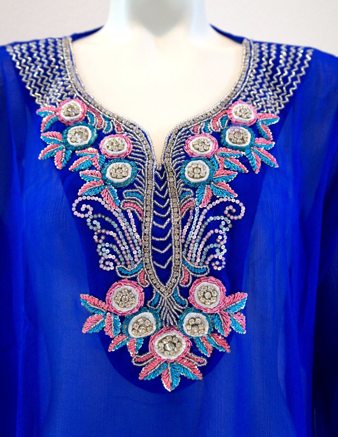 ELECTRIC BLUE short kaftan with Embellished Design Hand Made Kaftan-One Size