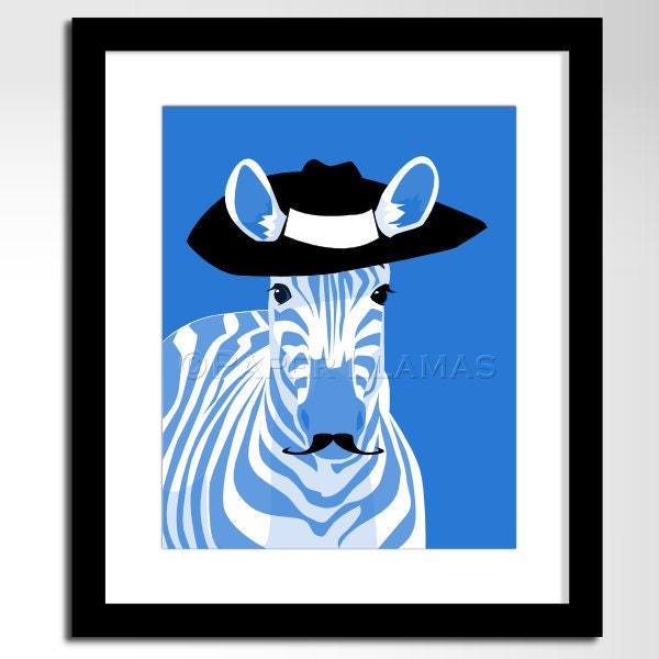 zebra art, jungle safari animal art print, custom colors, size 8 x 10 kids childrens art animals with mustaches african zebra wall art