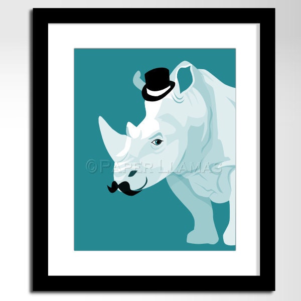 jungle safari animal art print, custom colors, kids childrens art animals with mustaches rhino rhinoceros African animal wall art