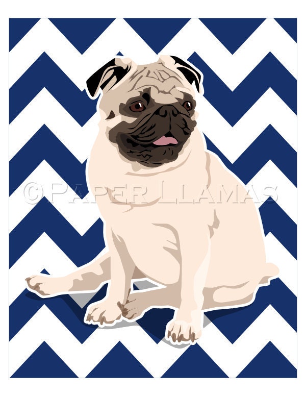 Pug Dog Art  - fawn - custom dog portrait chevron art print, nursery art for boys childrens art