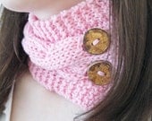 Knit Cabled Neckwarmer in Pink with Tree Bark Buttons