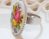 Floral Whimsy - Huge Oval Vintage Pink and Yellow Floral Cabochon on Antiqued Silver Adjustable Ring