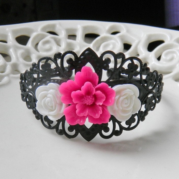Garden Cuff - Hot Pink Sakura and Small White Roses on Black Filigree Cuff Bracelet