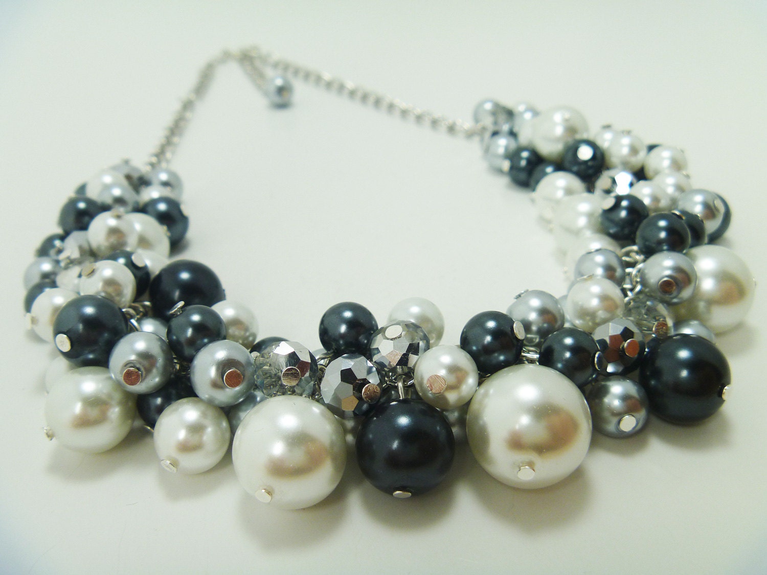 White Necklace on Chunky Pearl Necklace   White  Gray And Black Cluster Of Pearls With