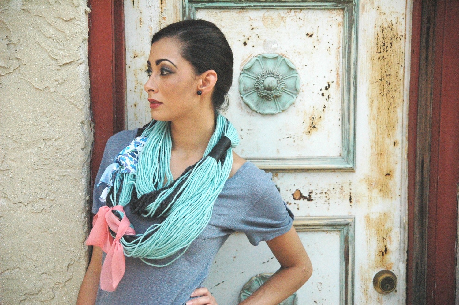 Warm and Sassy Bulky Scarf w/ fabric ties and leather band