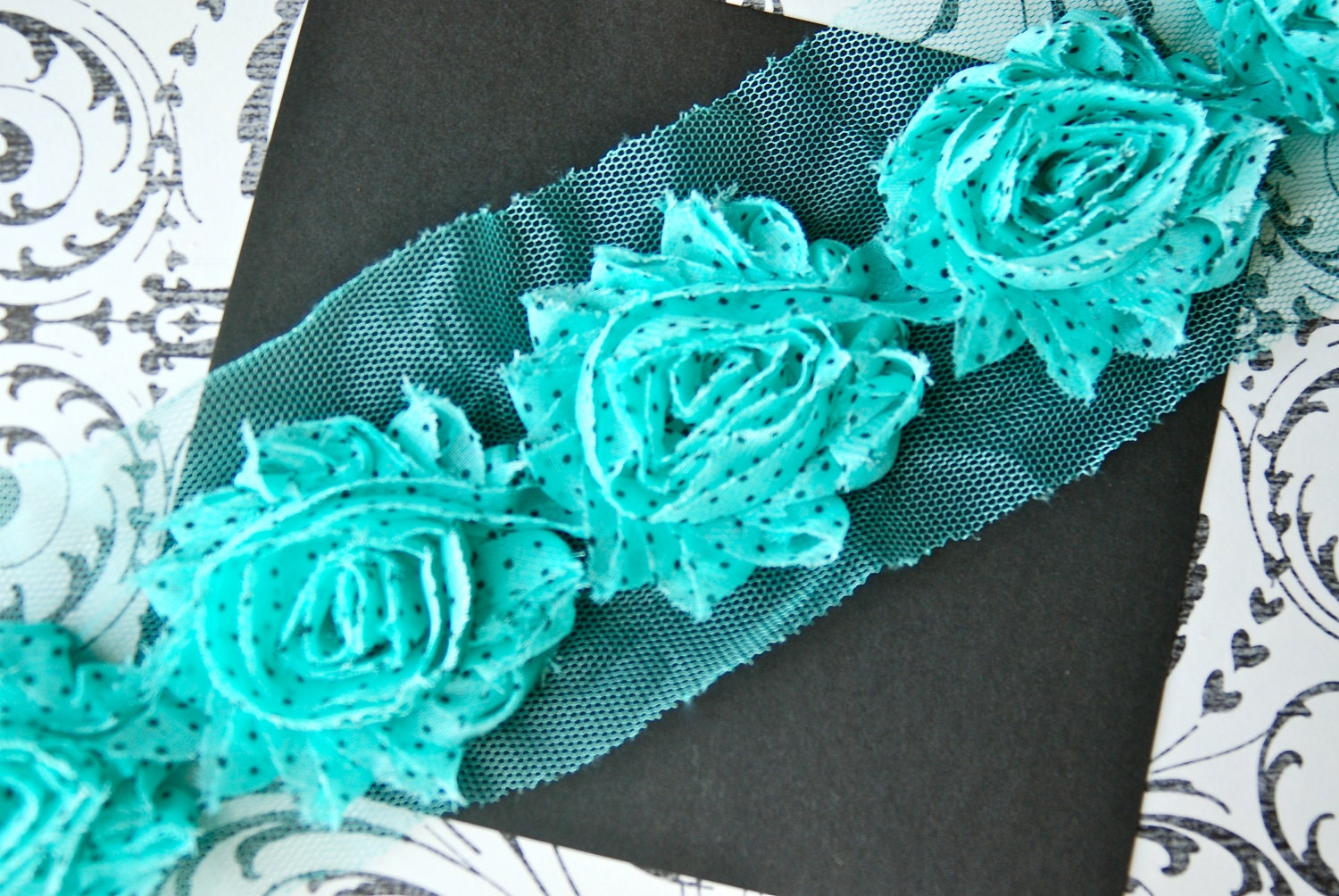 1 Yard Aqua Chiffon Flower POLKA DOT Rose Trim