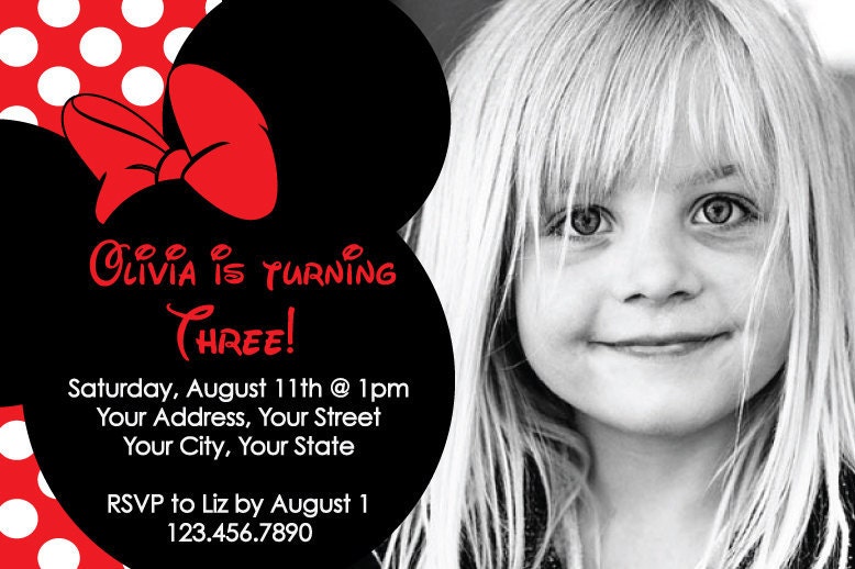 Custom Made Minnie Mouse Birthday Party Invitations