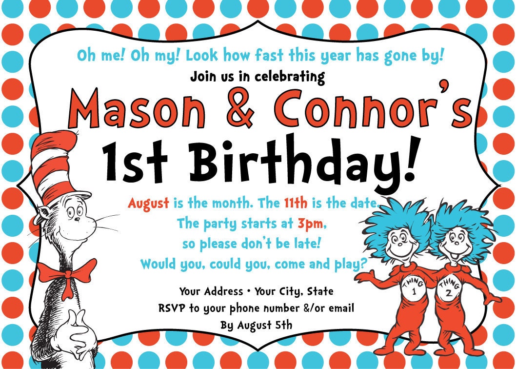 Custom Made Dr. Suess Birthday Party Invitations
