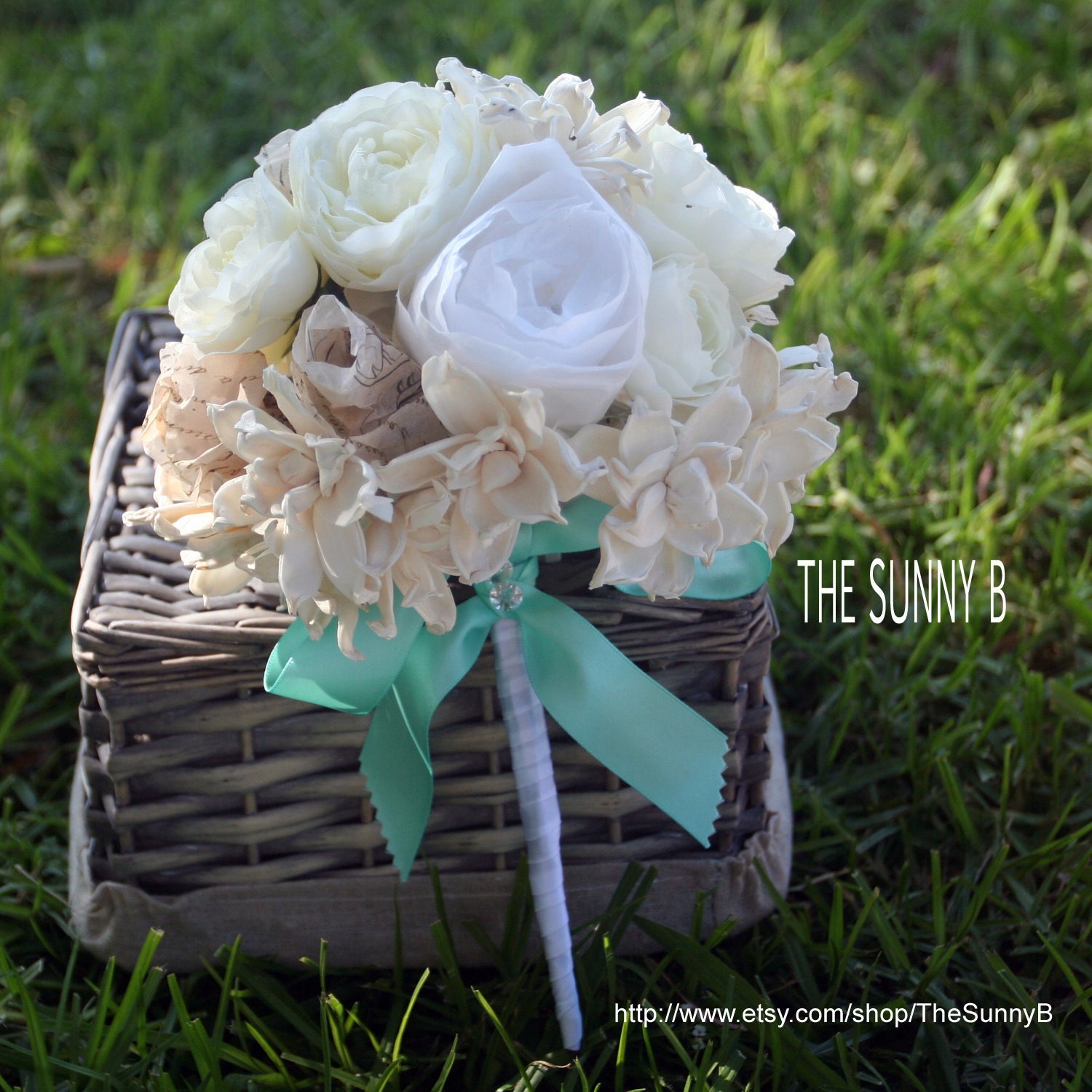 Gardenia Collection - Custom Handmade Bride Alternative Wedding Bouquet - Natural, Weddings, Sola Wood, Paper Flowers, Tiffany Blue, Sunny B