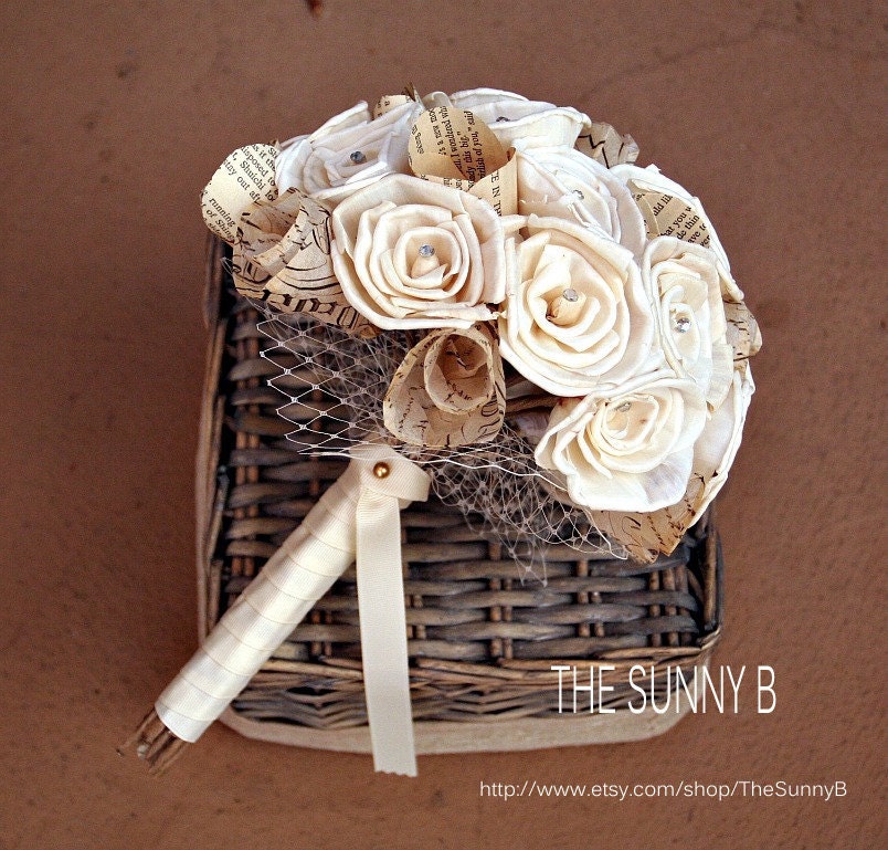 SunnyBee Signature Collection - Handmade Alternative Bride Wedding Bouquet, Sola Wood, Vintage Paper, Birdcage Netting, Custom, Cream, Ivory