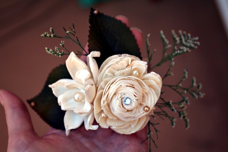 Wildflower Bridal Collection - Ivory Cream Natural Wedding Hair Accessory - Dried Flowers, Vintage Pearls, Rhinestone, Sola Wood