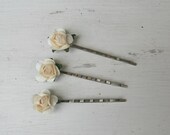 Set of 3 Tiny Cream / Ivory Paper Flower, Wedding, Bridal, Hair Accessory - Bobby Pin