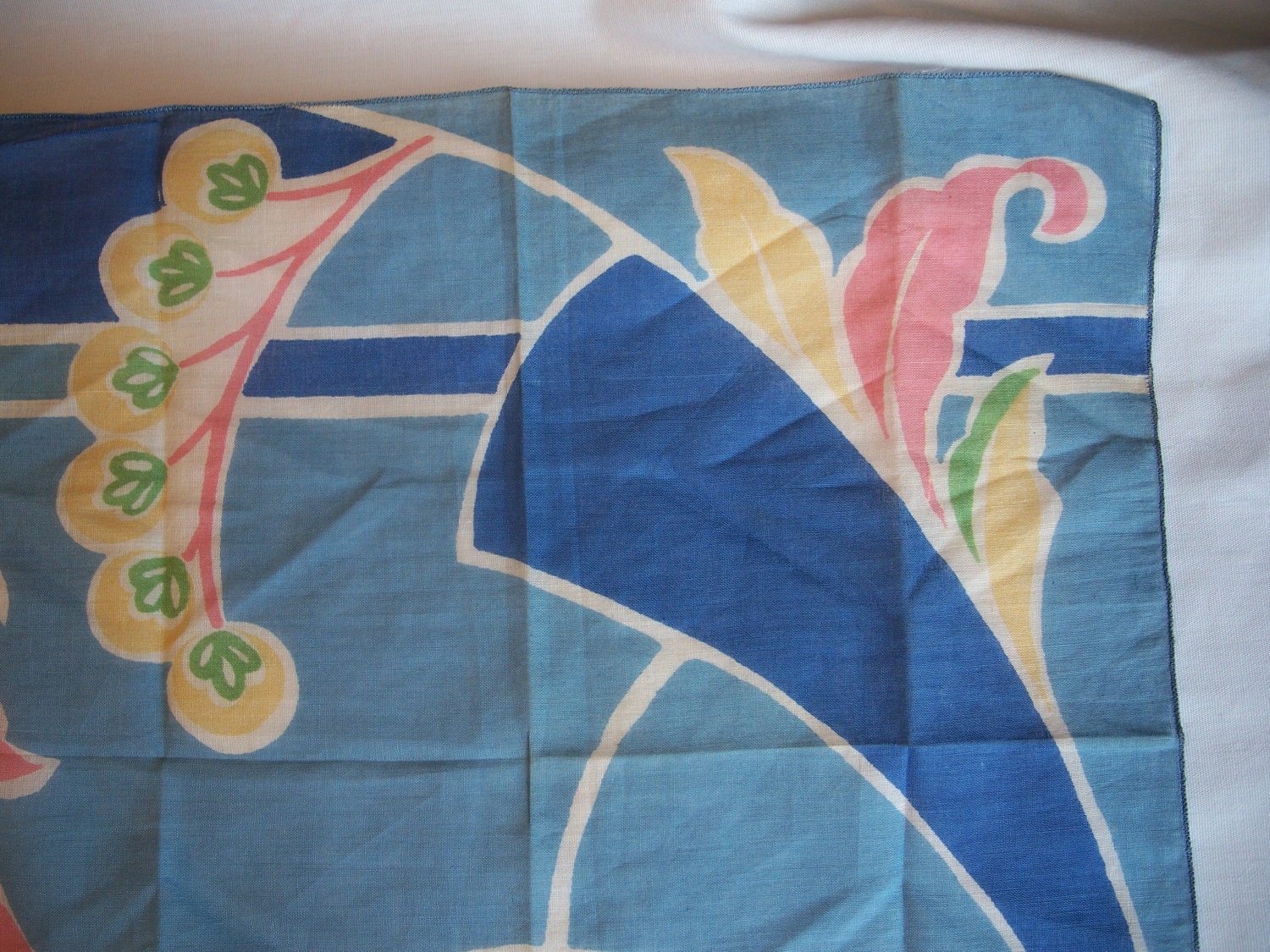 Vintage Handkerchief HANKY Hankie Cotton ABSTRACT Flower Print Blue Pink Yellow Floral Design
