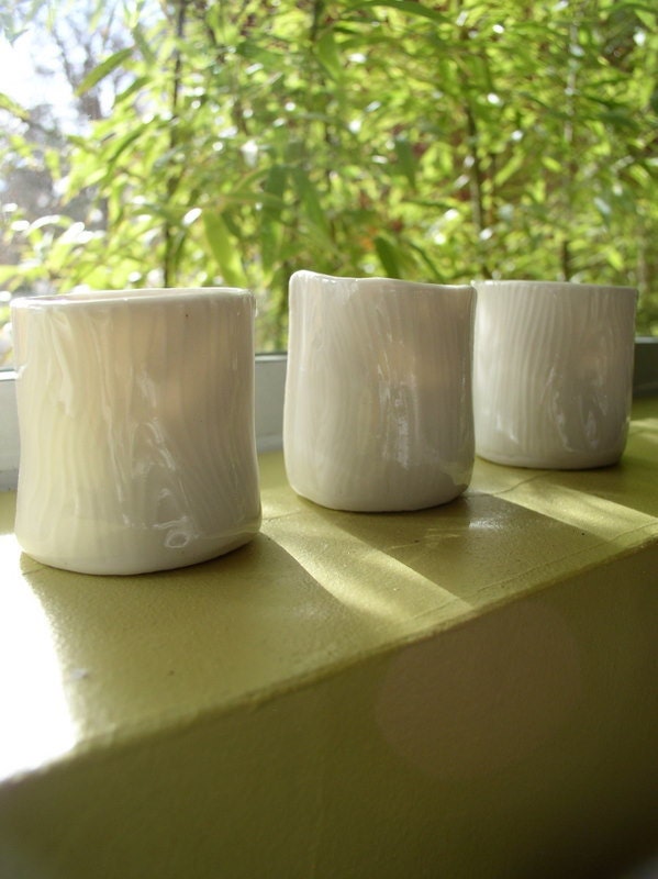 White poreclain candle votives with wood grain texture. made to order