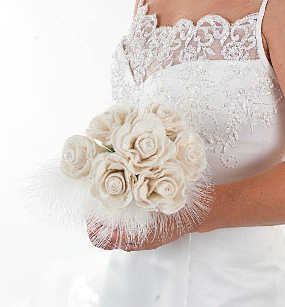 Bridal Bouquets Wedding Flowers Rose Flower Bouquet Unique Wedding Bouquet White / Ivory handmade felted with feather bouquet