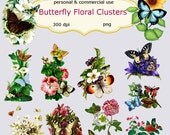 Clip Art: Vintage Butterfly Floral Clusters  Png Digital Files no125