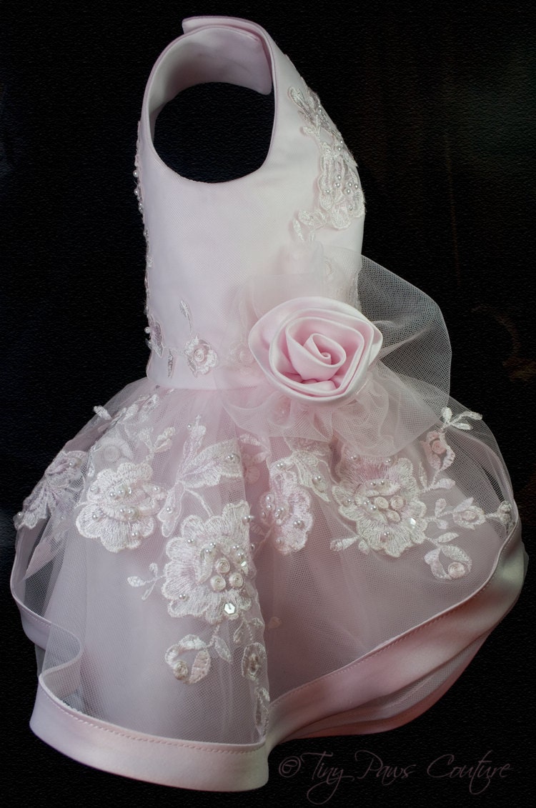 Couture  Formal Soft Pink Lace and Beads Dog Harness Dress