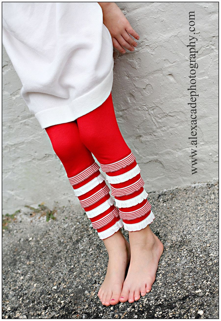 Red Leggings with Red and White Striped Ruffles