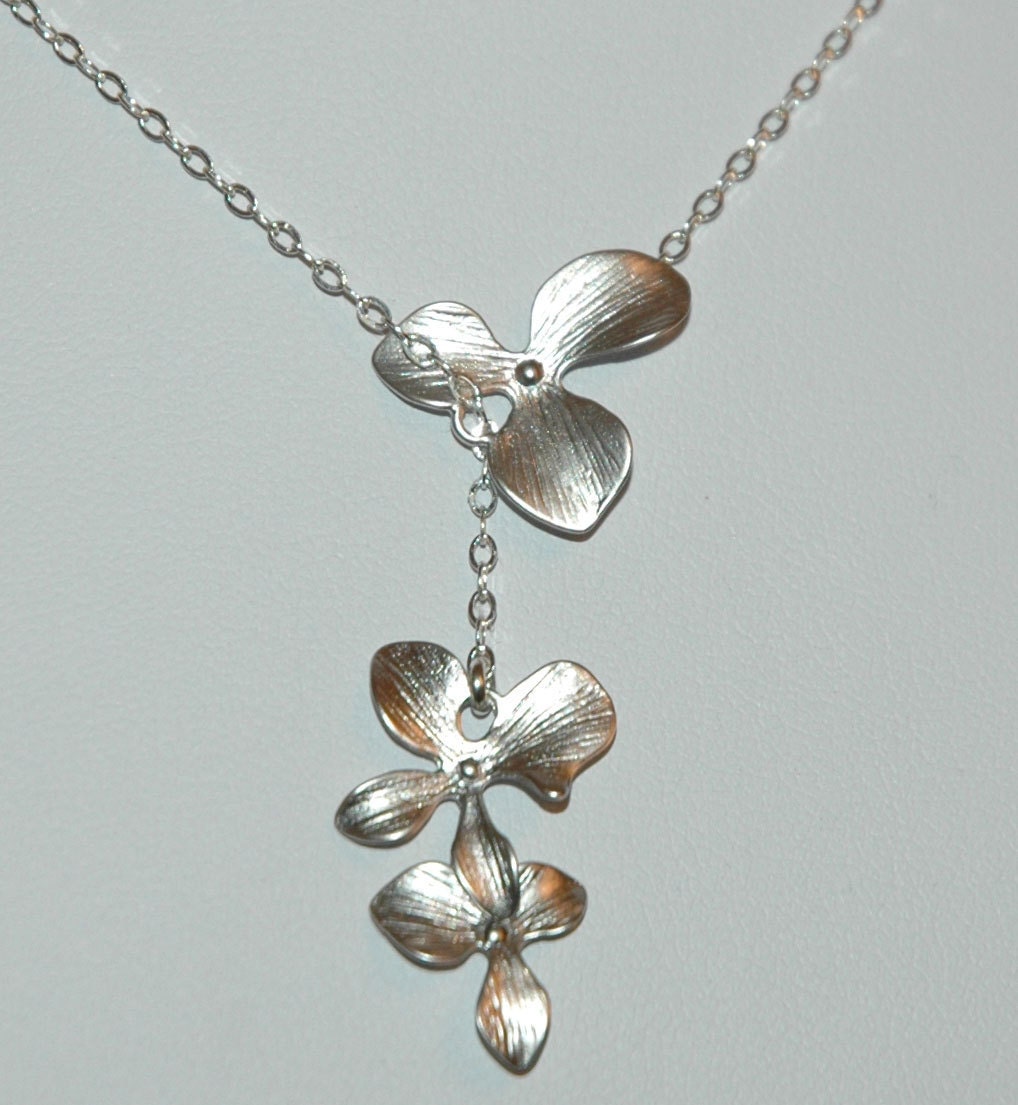 Sterling Silver Simple Triple Orchid Flower Lariat Necklace