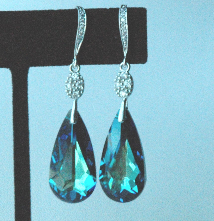 Peacock - Bermuda Blue Swarovski Crystal and Sterling Silver Cubic Zirconia Earrings