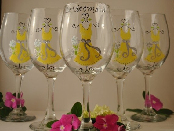 Yellow and Gray Custom Hand Painted Bridal Party Wedding Wine Glasses Wine Glass Bride Bridesmaid Wedding Favors Gifts (15.00 each glass )
