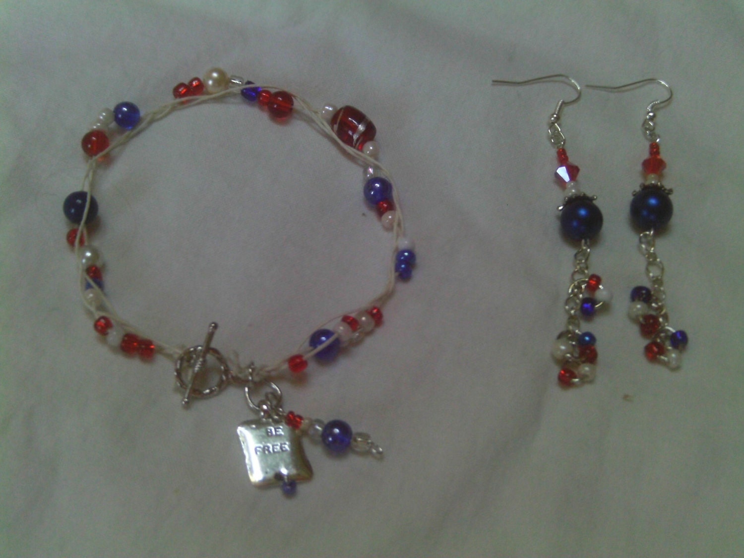 Be Free Statement Jewelry, Red, White and Blue Patriotic Bracelet and Drop Chain Earrings Set, Made in the USA, for the USA