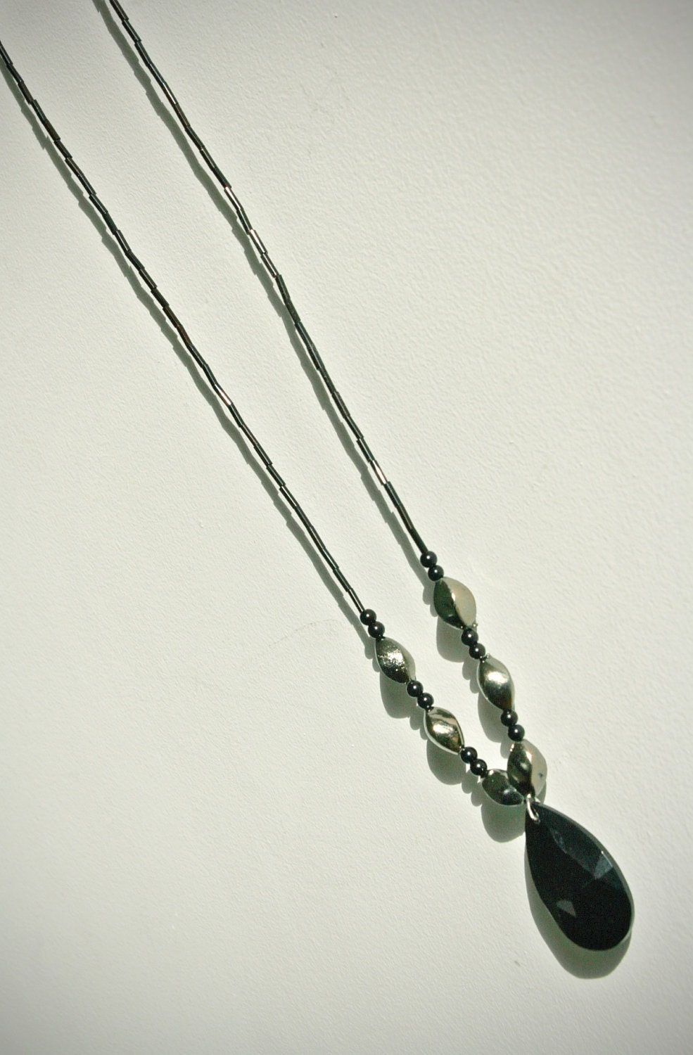 Black, silver necklace - teardrop pendant, shiny, black, long necklace