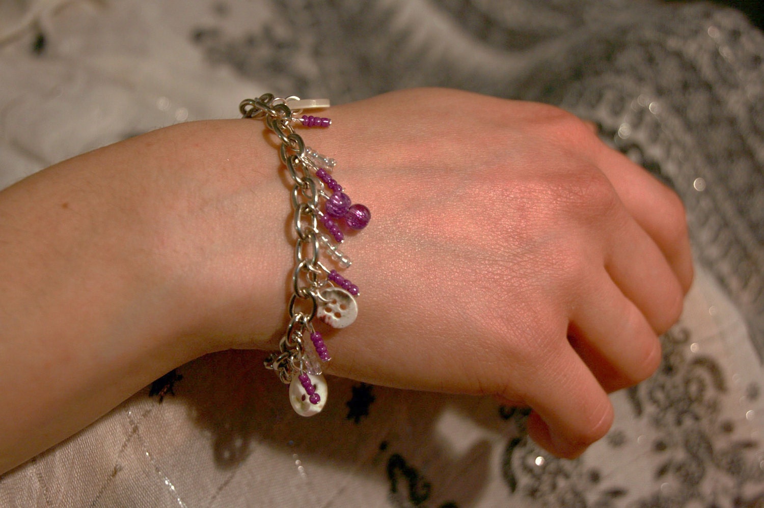 Purple charm bracelet - purple, cream button charm bracelet / friendship bracelet