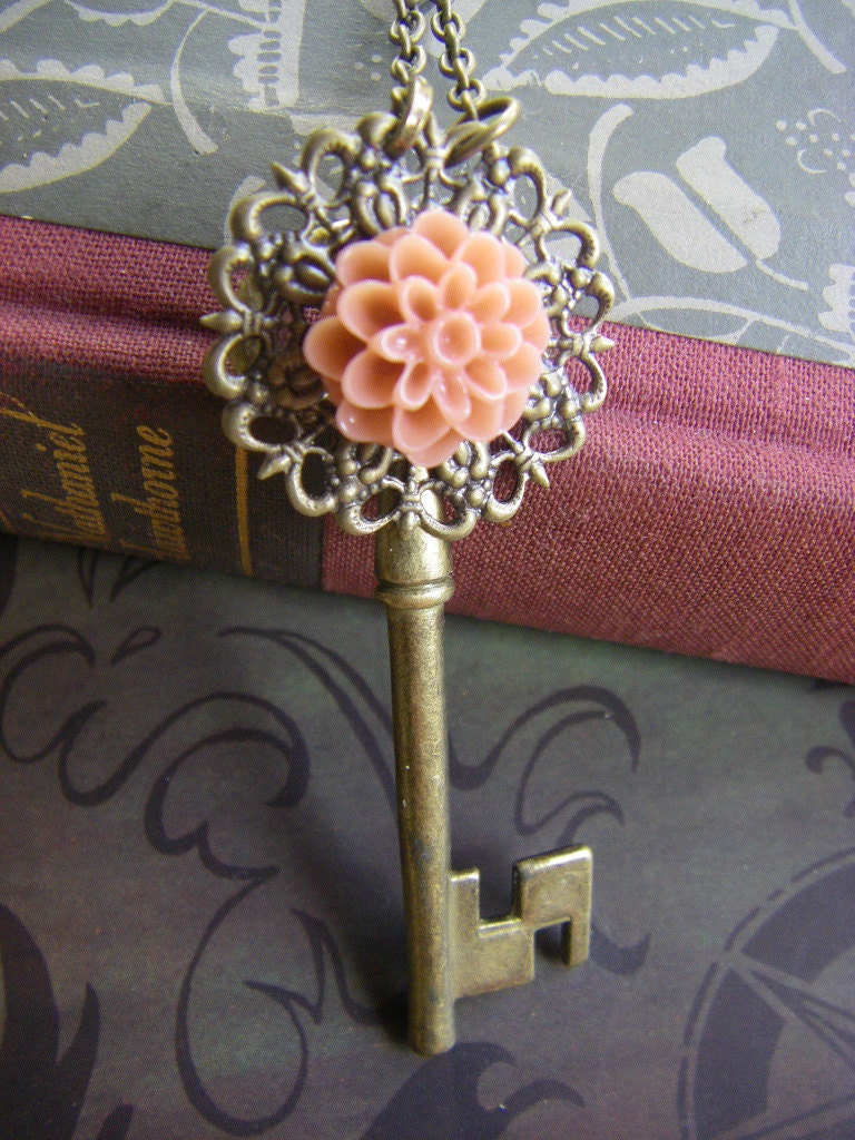 Brass Key Necklace with Pink Dahlia Flower Filigree Antique Key Charm Gift for her Under 25 Bridesmaid Jewelry