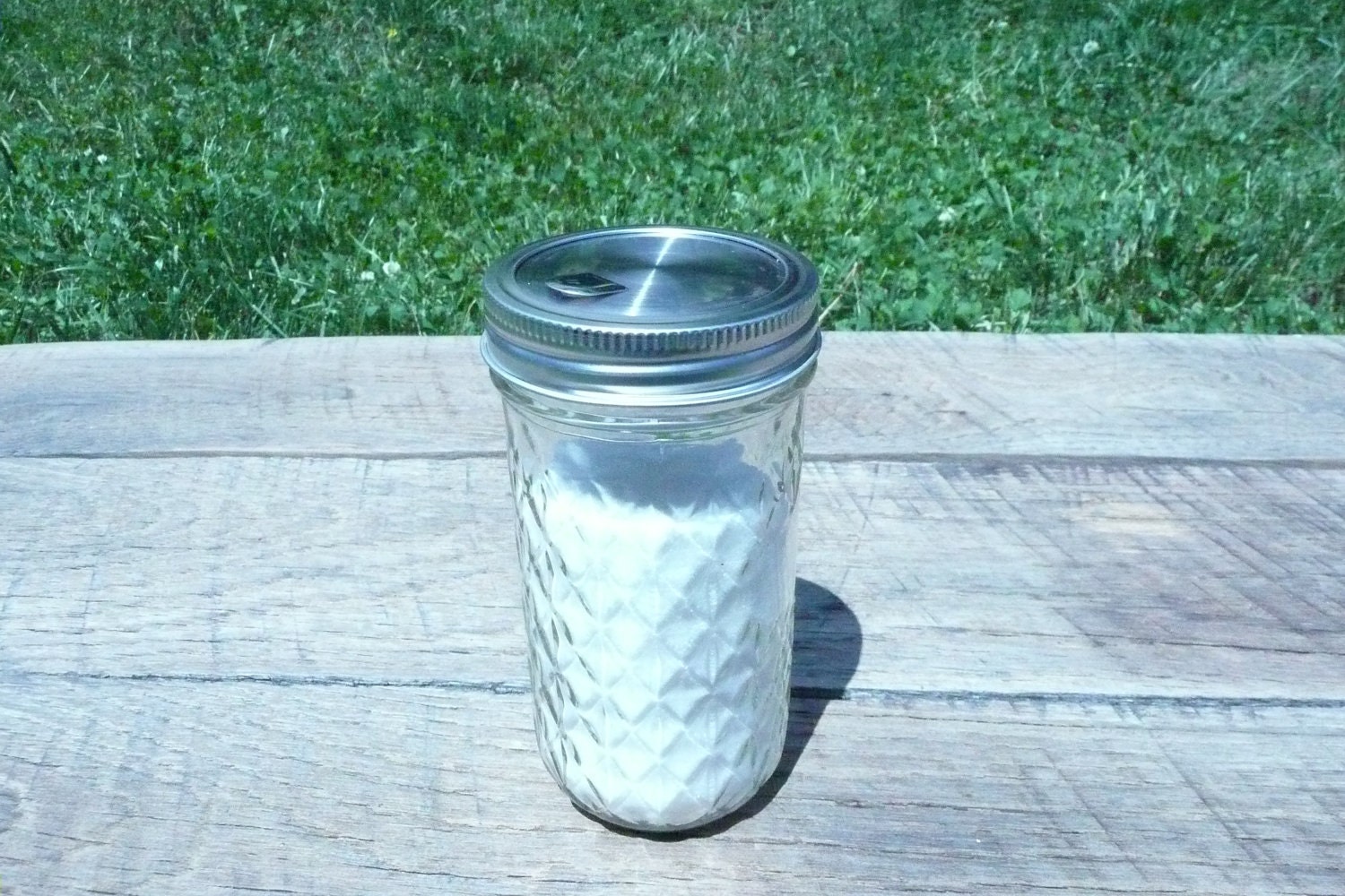 Mason Jar Sugar Dispenser / Pourer - Quilted Glass 12 Ounce Size - Free Chalkboard Label