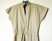 Beige Bat Wing Cinch Stretchable Waist Short Vintage Dress