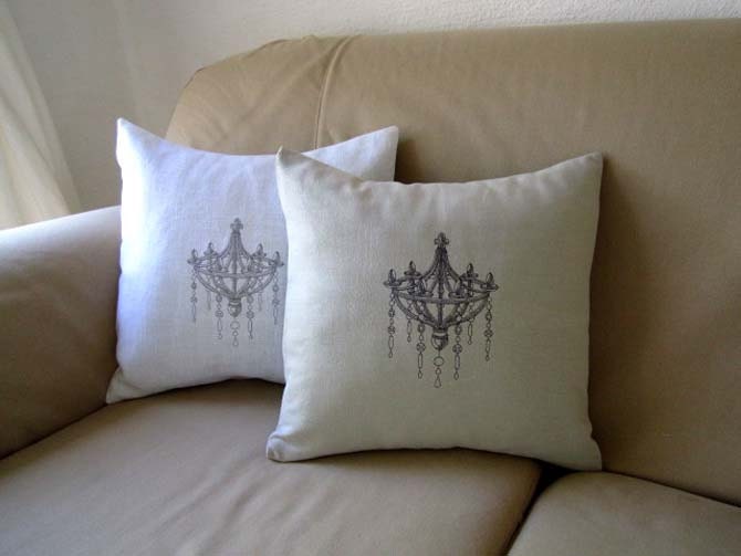 Bridal Shower Embroidered Throw Accent Pillow Cover 100% Linen- Vintage Chandelier-  Birthday Wedding  Gift Home Decor Shabby Chic