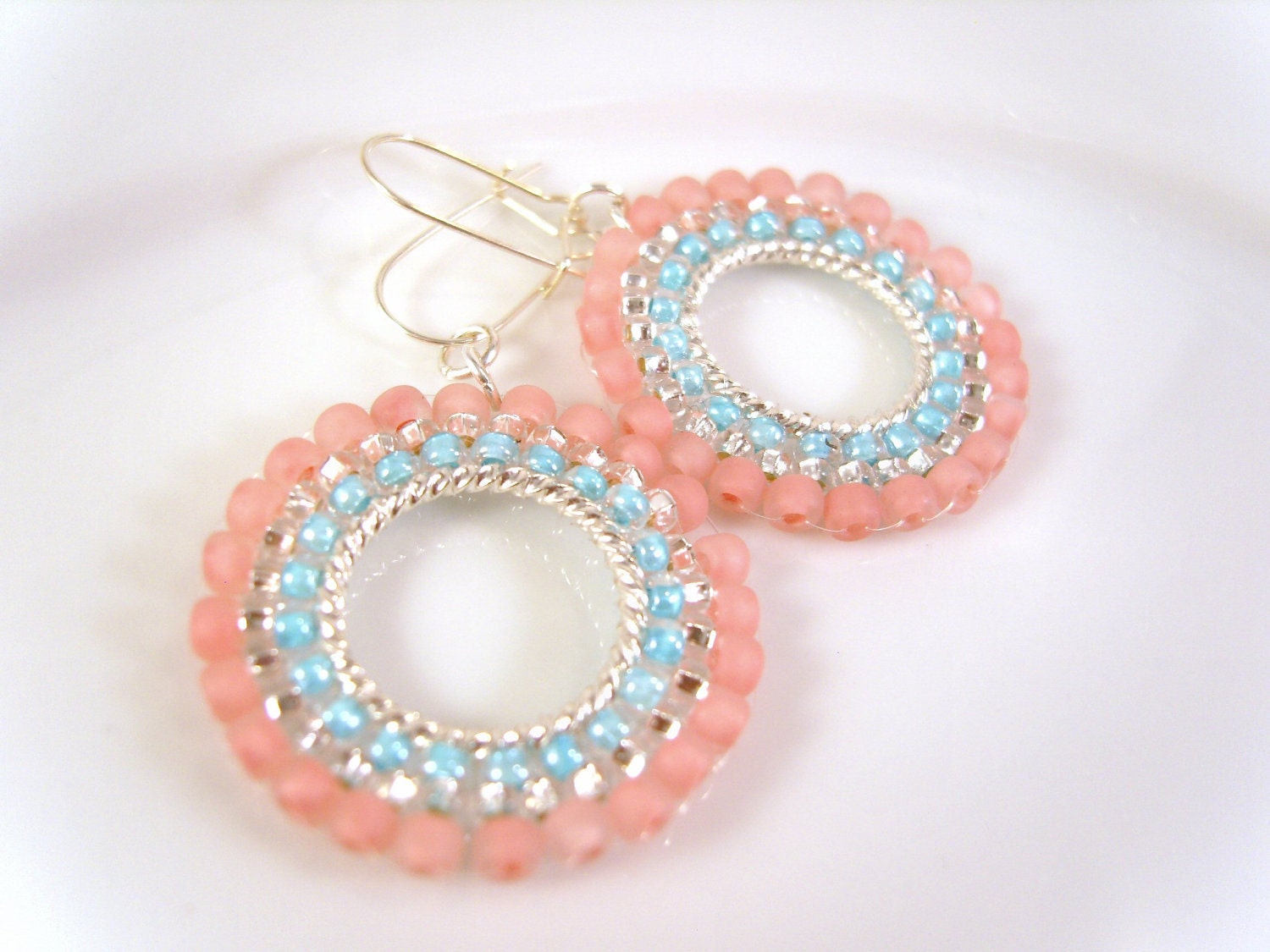 Pastel Hoop Earrings: Pink and Turquoise Seed Bead Beaded Hoops UK