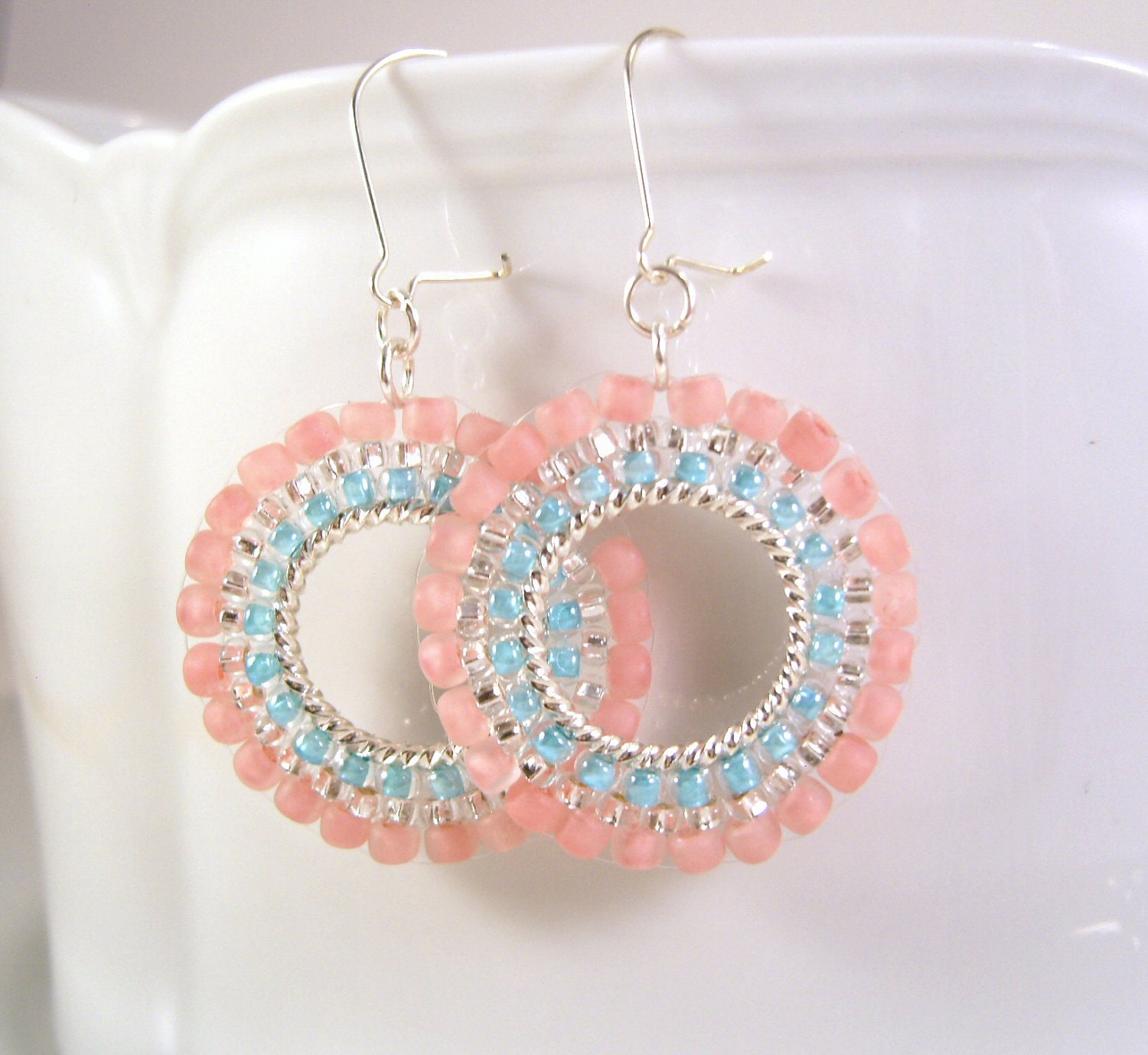 Pastel Hoop Earrings: Pink and Turquoise Seed Bead Beaded Hoops UK
