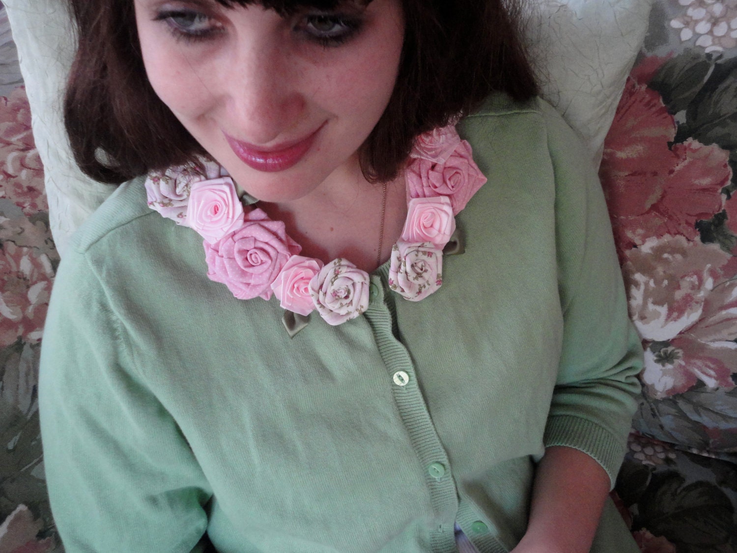 Green Cotton Sweater with Pink Roses, Size 16