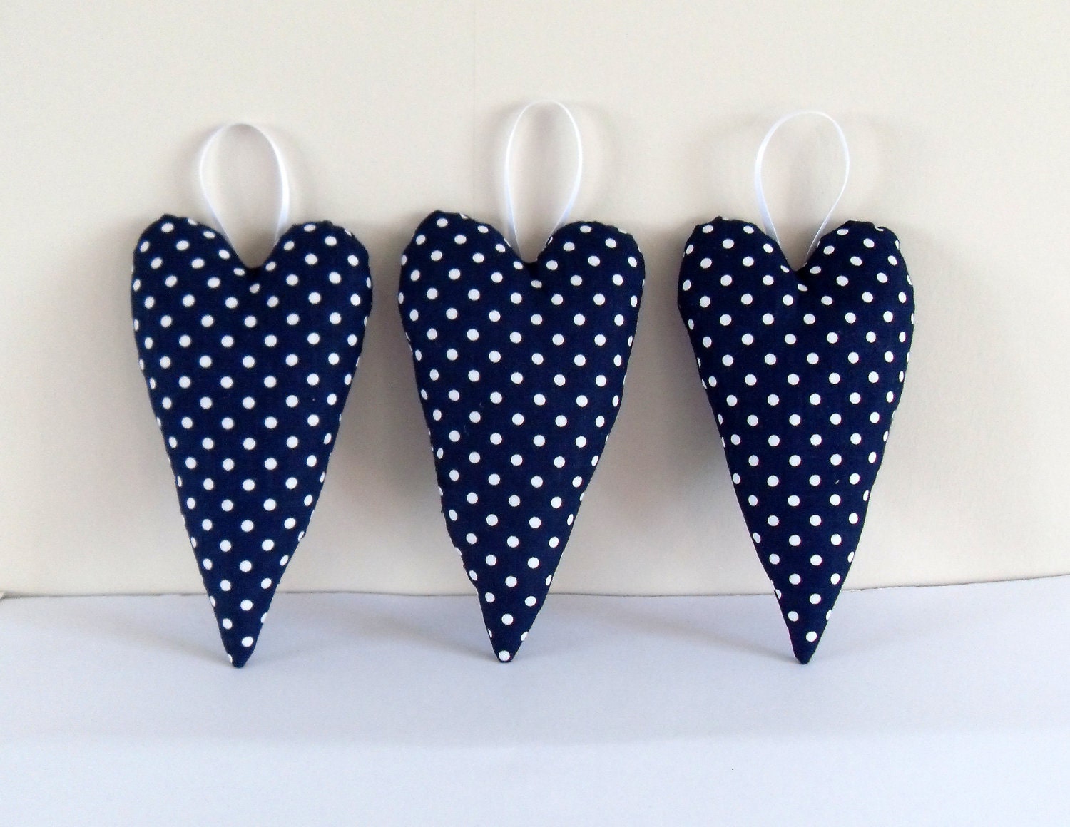 Love Hearts - set of 3 hanging Navy Blue with White polka dot fabric love hearts shabby chic holiday decoration