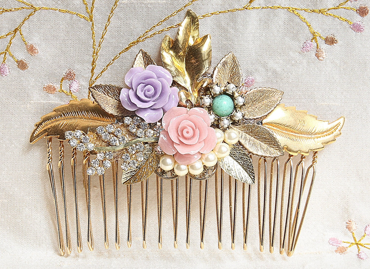 Gold Bridal hair Comb, Shabby Chic Hair Comb,Hair Accessories,Pearls Hair Comb,Lavender,Vintage jewelry,Rhinestone,Collage wedding Hair Comb