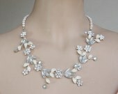 Wedding Bridal Luxe Necklace, Bridal Jewelry, White Wedding Blossom - Luxe Diamond Shape Silver Clear Crystals FW Pearls Leaves And Flowers