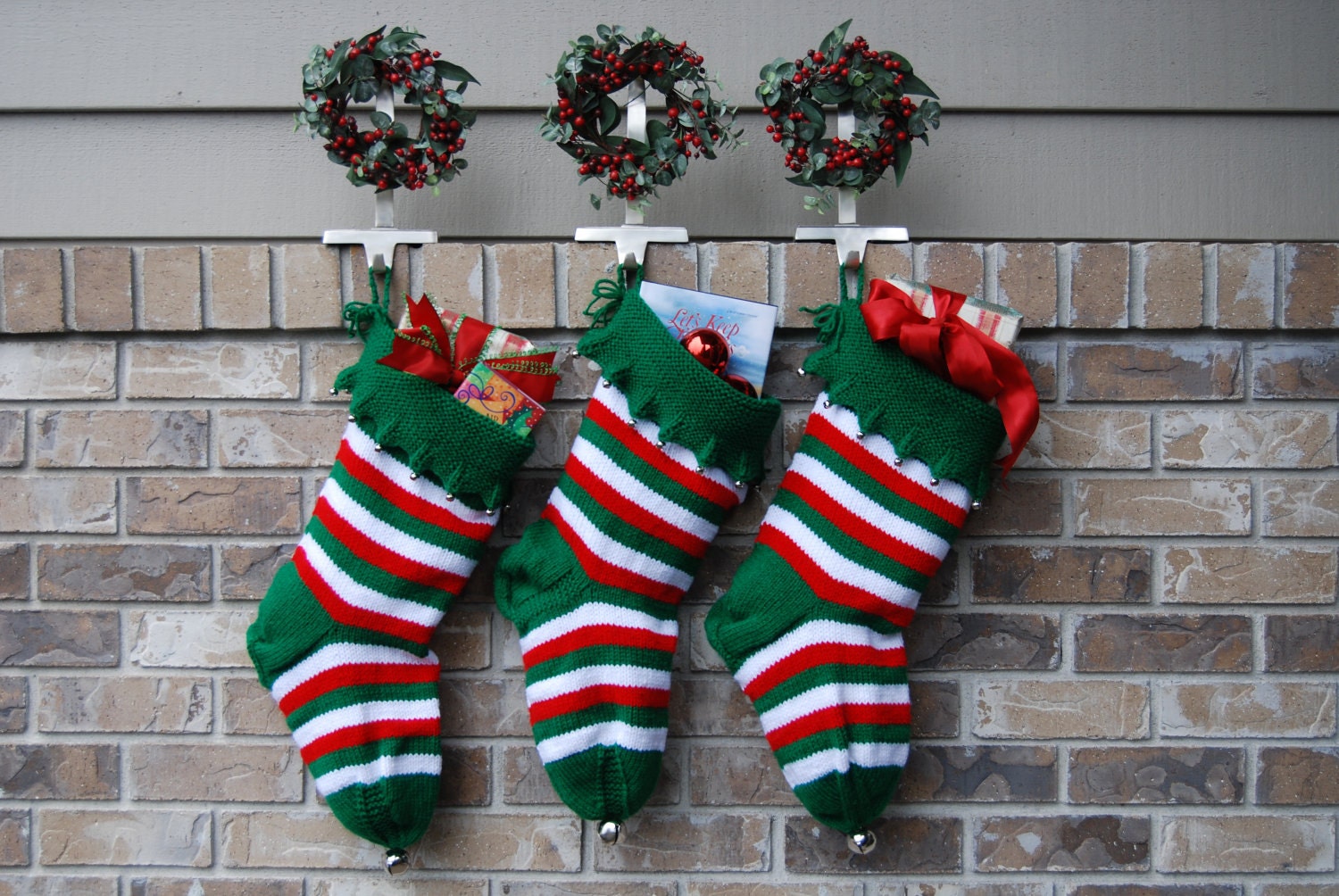Traditional Christmas Stockings - 1 hand knit stocking - red, green and white striped holiday stocking - MADE TO ORDER
