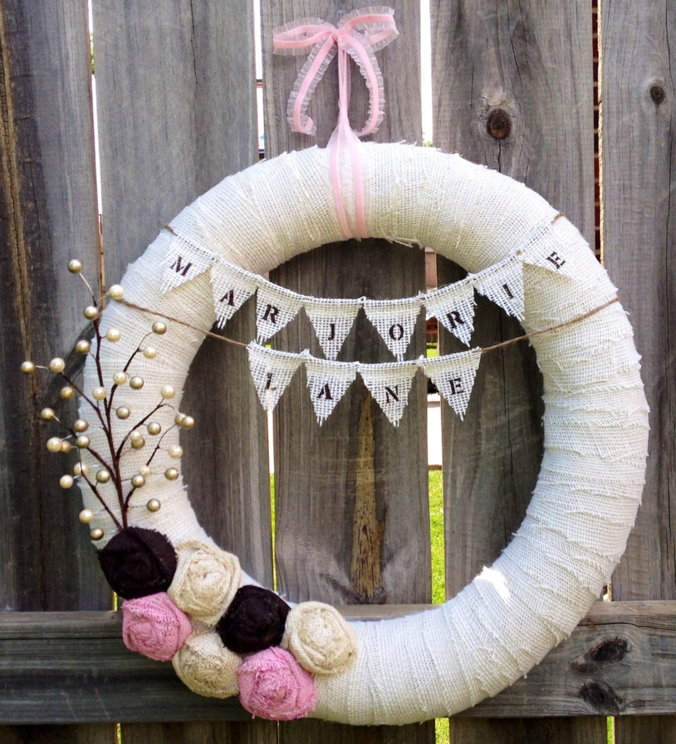 18" New Baby Girl Wreath, Nursery, Baby Shower, Hospital, Delivery, Door/Wall Decor, Wedding Wreath, Shabby Chic: Pink, Brown, Champagne
