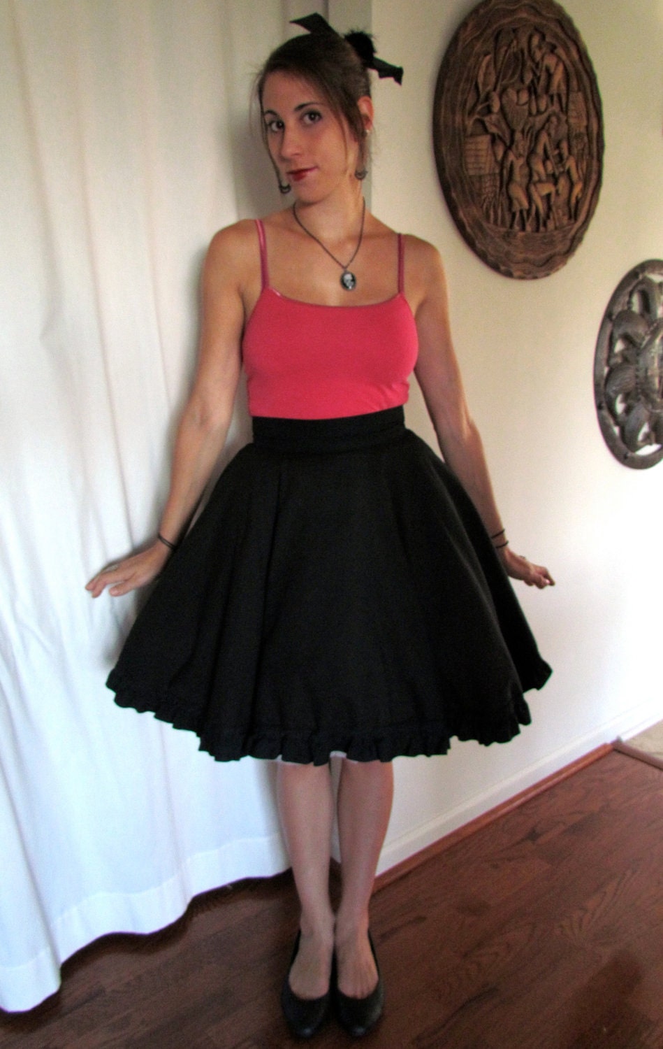 Knee-Length Skirt with Wide Waist Band and Ruffles