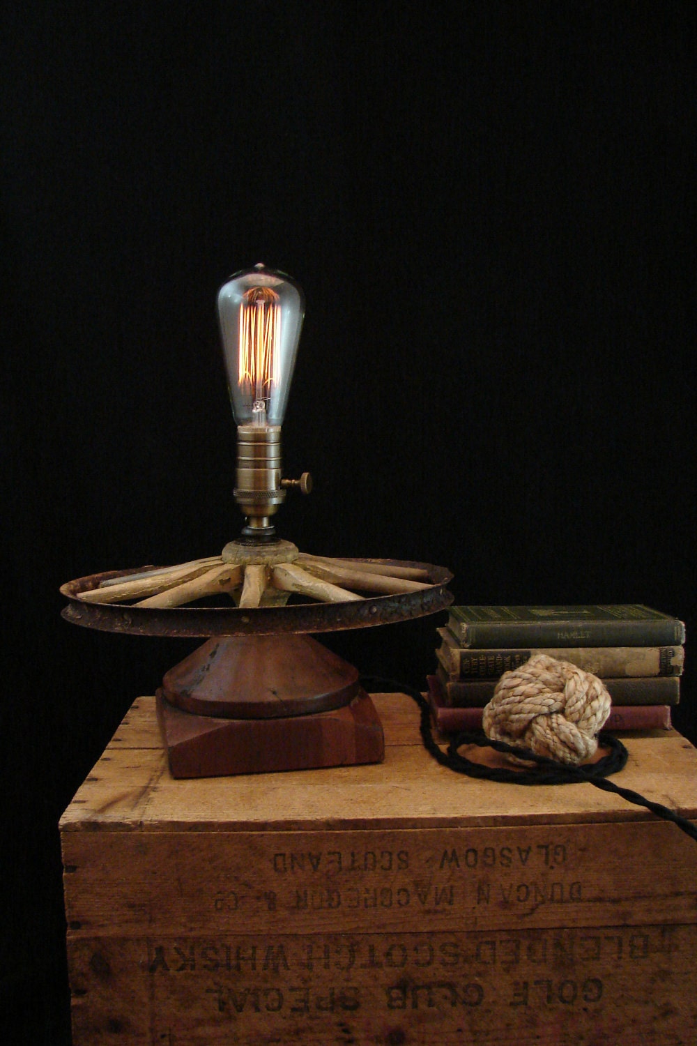 Upcycled Buggy Wheel Post Cap Wood Filament Lamp