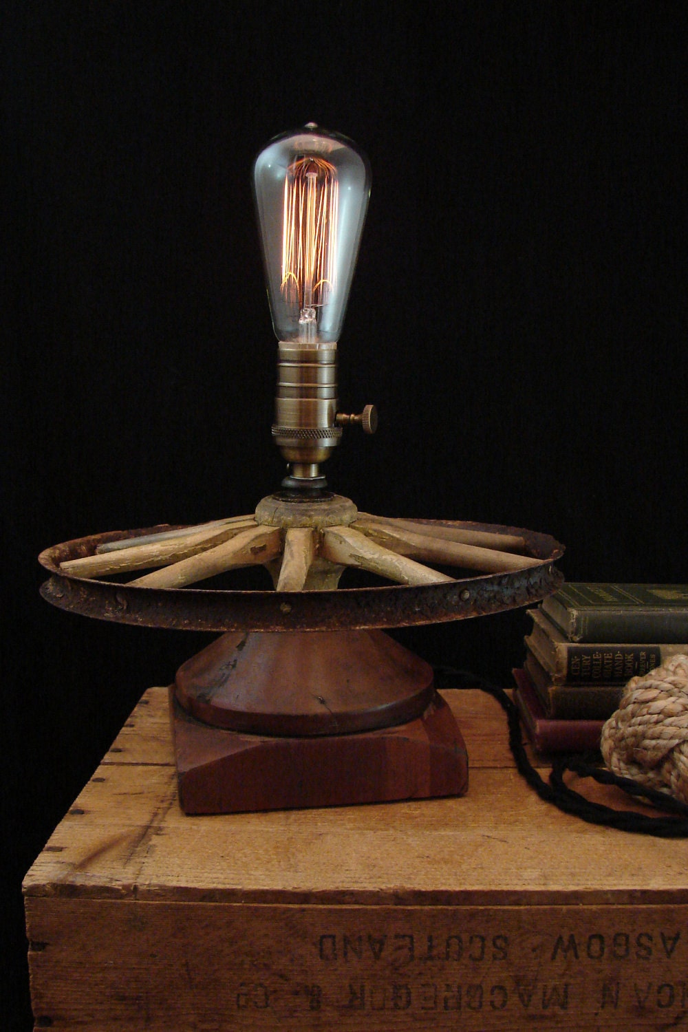 Upcycled Buggy Wheel Post Cap Wood Filament Lamp